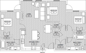 3B(b) Three Bedroom / Two Bath - 1,261 Sq. Ft.*